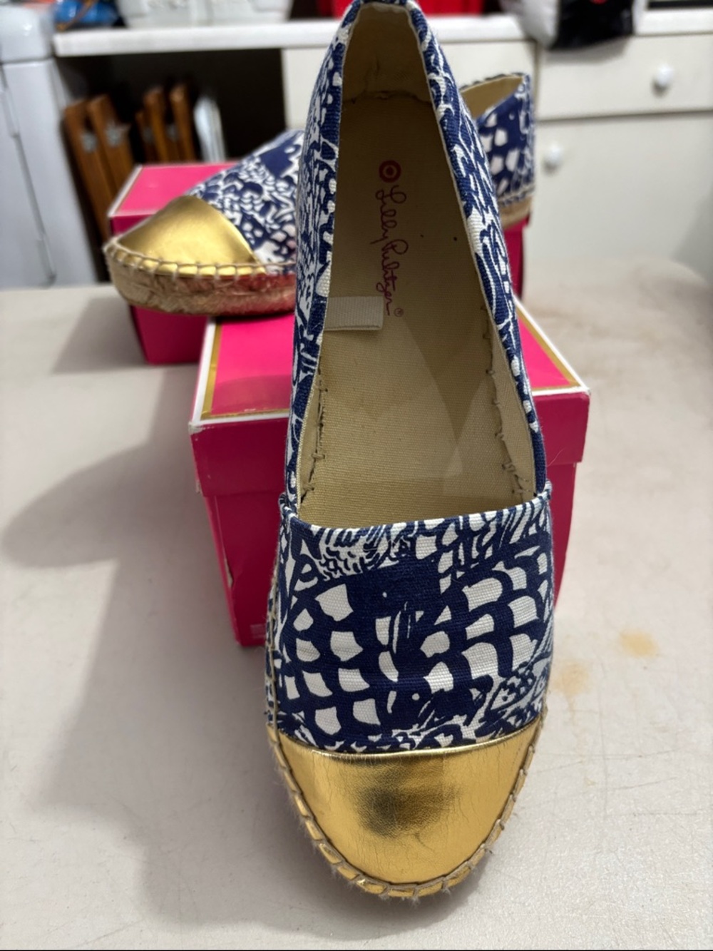 Lilly Pulitzer for Target Navy Floral Canvas Espadrilles with Gold Toe Cap